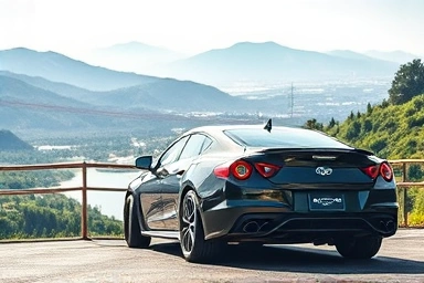 New car on scenic overlook with natural landscape